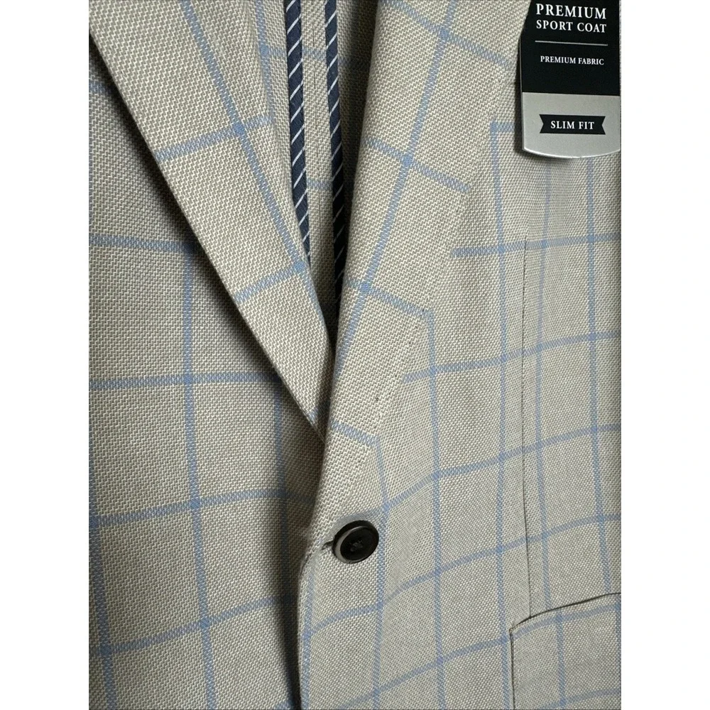 J. M. Haggar Slim‎ Fit Blue/Tan Linen Windowpane Blazer Sport Coat Men's 46R NWT